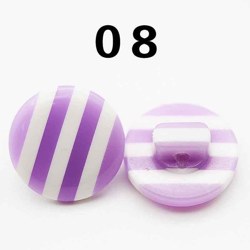 Rainbow striped resin shirt button, round, purple/white, shank back; Color 8
