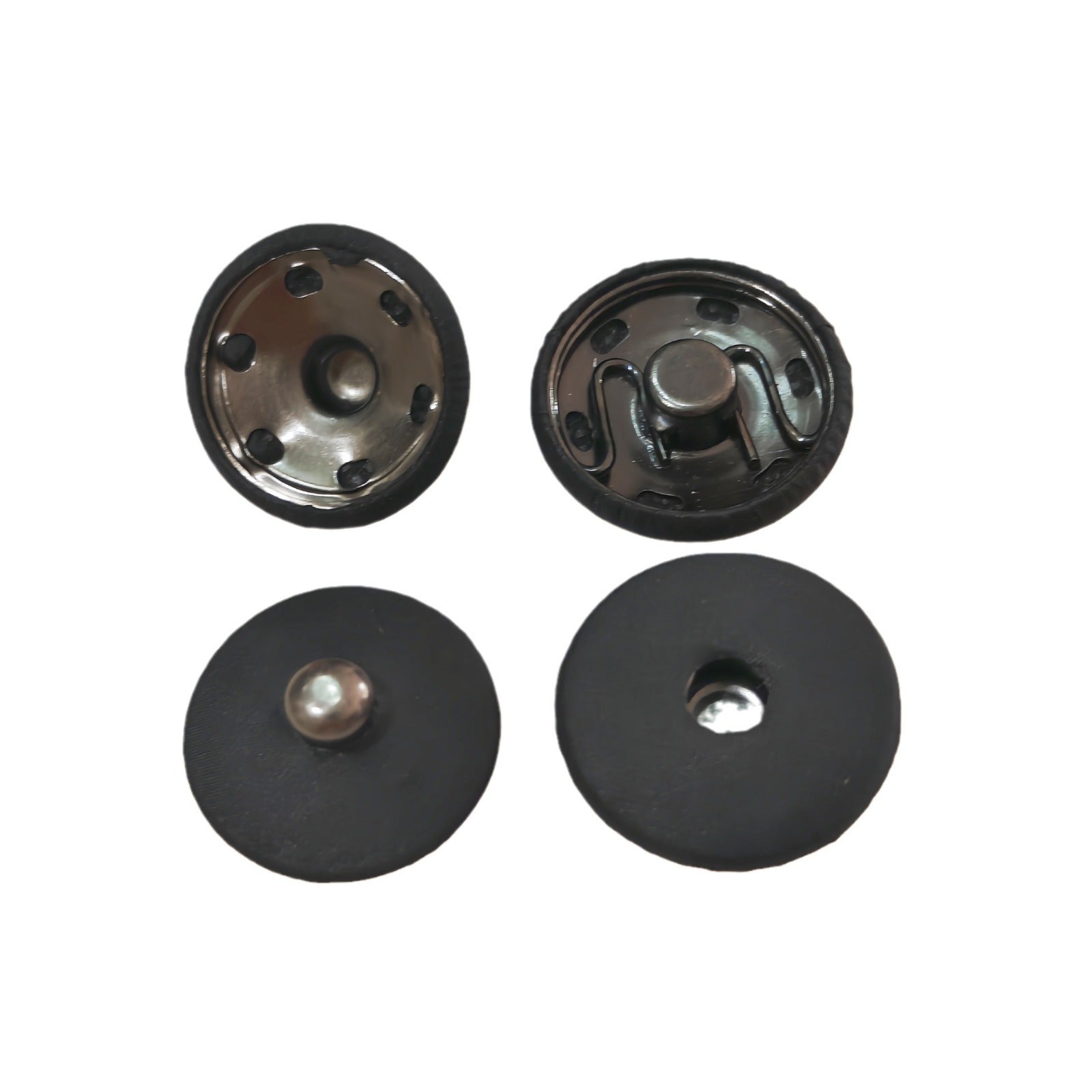 Black fabric-covered invisible snap buttons with metal components and snap heads