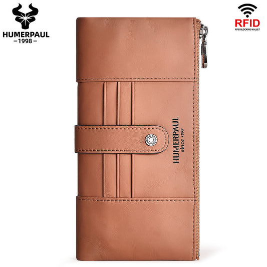Women's Genuine Leather Long Wallet — RFID Blocking Clutch Light Brown