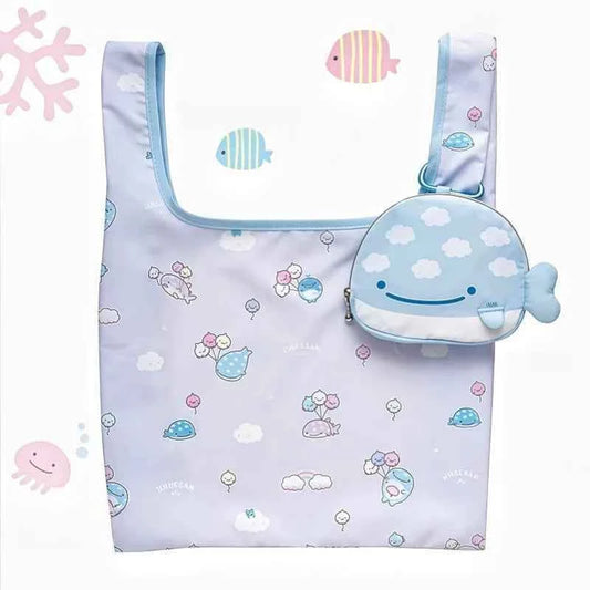 Japanese Kawaii Whale Shark Light Blue Tote Bag with Coin Purse