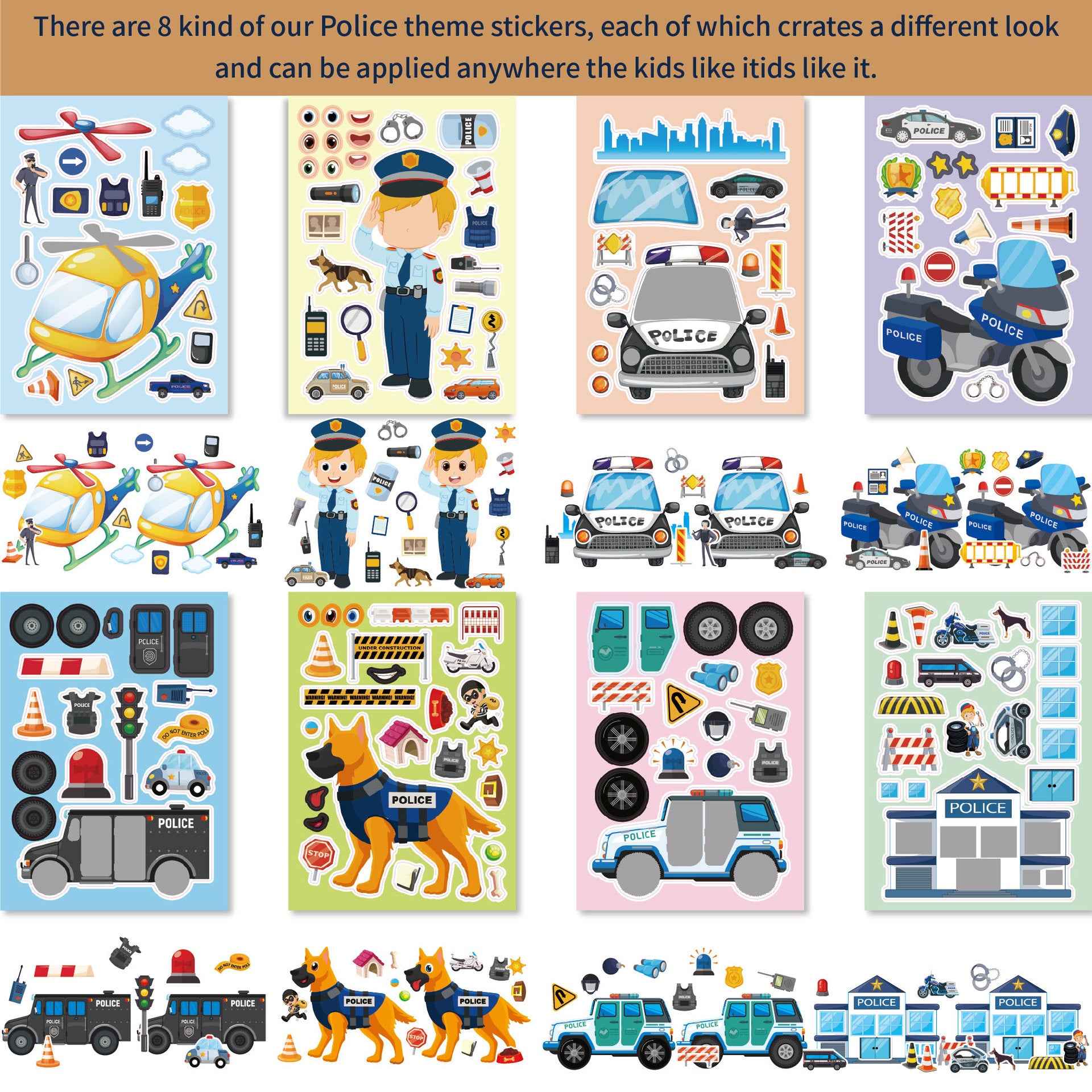 Make a Face Cartoon Police Stickers for Kids 24 Sheets