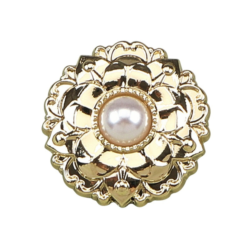 Peony pearl metal button 18/23mm, white pearl center, gold filigree floral border