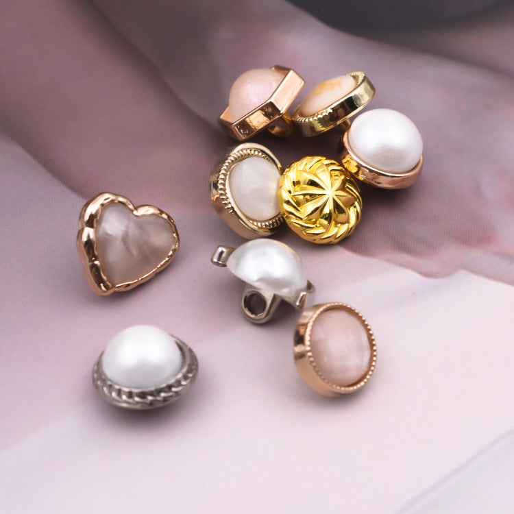 Pearl shirt buttons, 10mm domes with mixed rose-gold frames and metal shanks