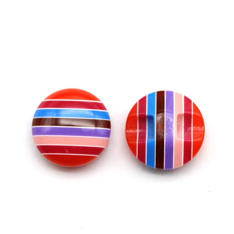 Striped resin buttons with hidden hole, red with blue and purple stripes (2 shown)