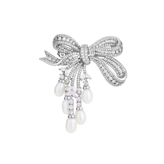 Pearl Tassel Bow Brooch Set of 2 – Gold & Silver Elegant Lapel Pins