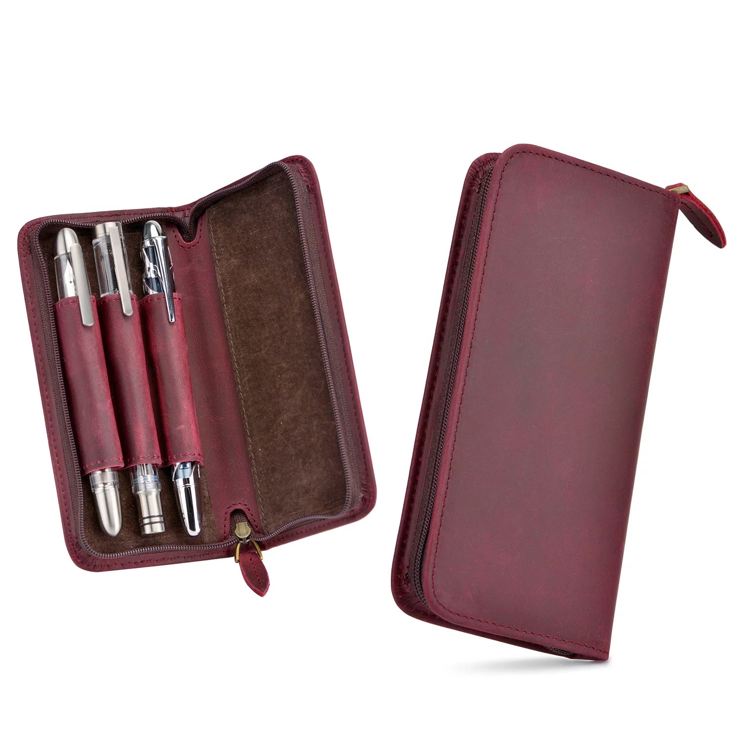 Asvine 3-Pen Crazy Horse Leather Zipper Fountain Pen Case Wine
