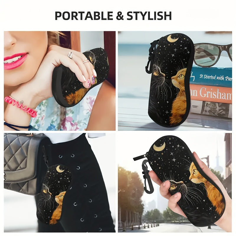 Two Cats Print Glasses Case - Soft Eyewear Pouch with Keychain 2PCS