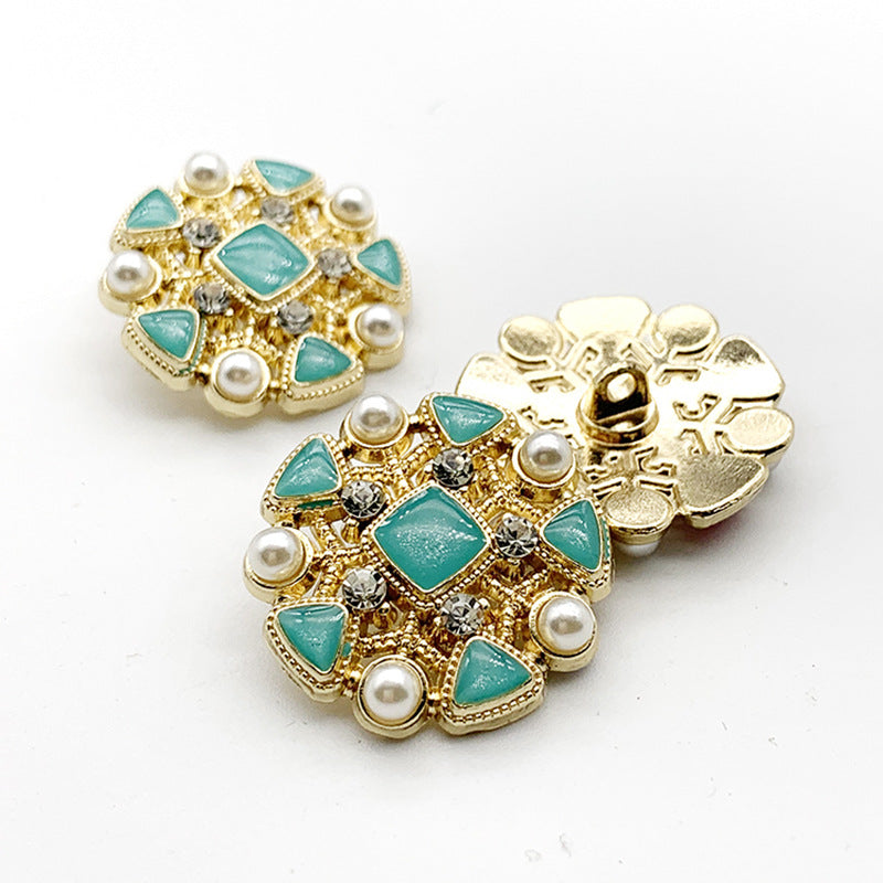 Teal/green round rhinestone shank buttons with faux pearls and turquoise inlays