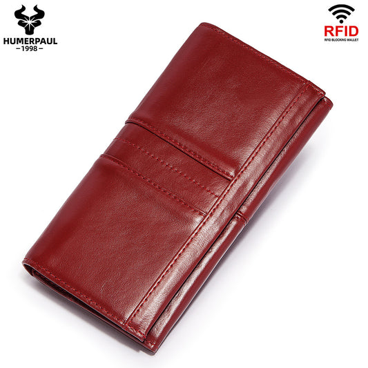 Genuine Leather RFID Blocking Clutch Long Ladies Wallet Red