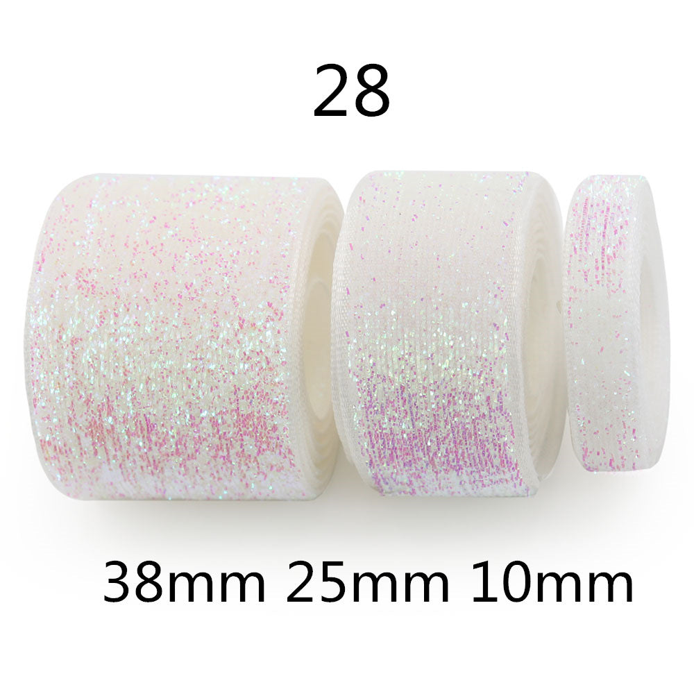 Gradient chenille sparkle ribbon, Style 28 white pastel glitter: 38mm, 25mm, 10mm