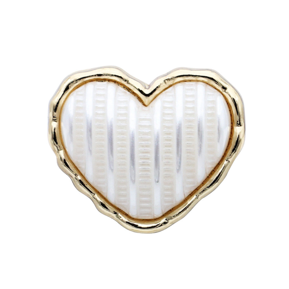 Gold heart-shaped metal shank button, vertical stripe white panel