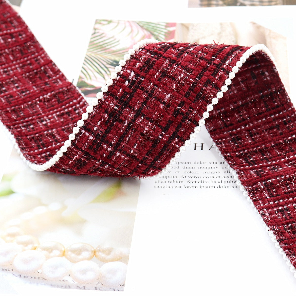 Burgundy checkered flannel ribbon with white bead edge, 38 mm width