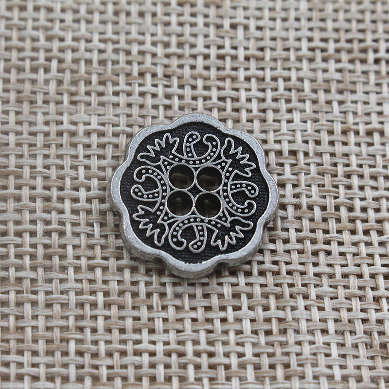 Gunmetal vintage floral 4-hole alloy button with etched round paisley pattern