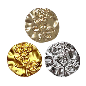 Round metal shank buttons with embossed rose design, light gold, gold, and silver (3-pack view)