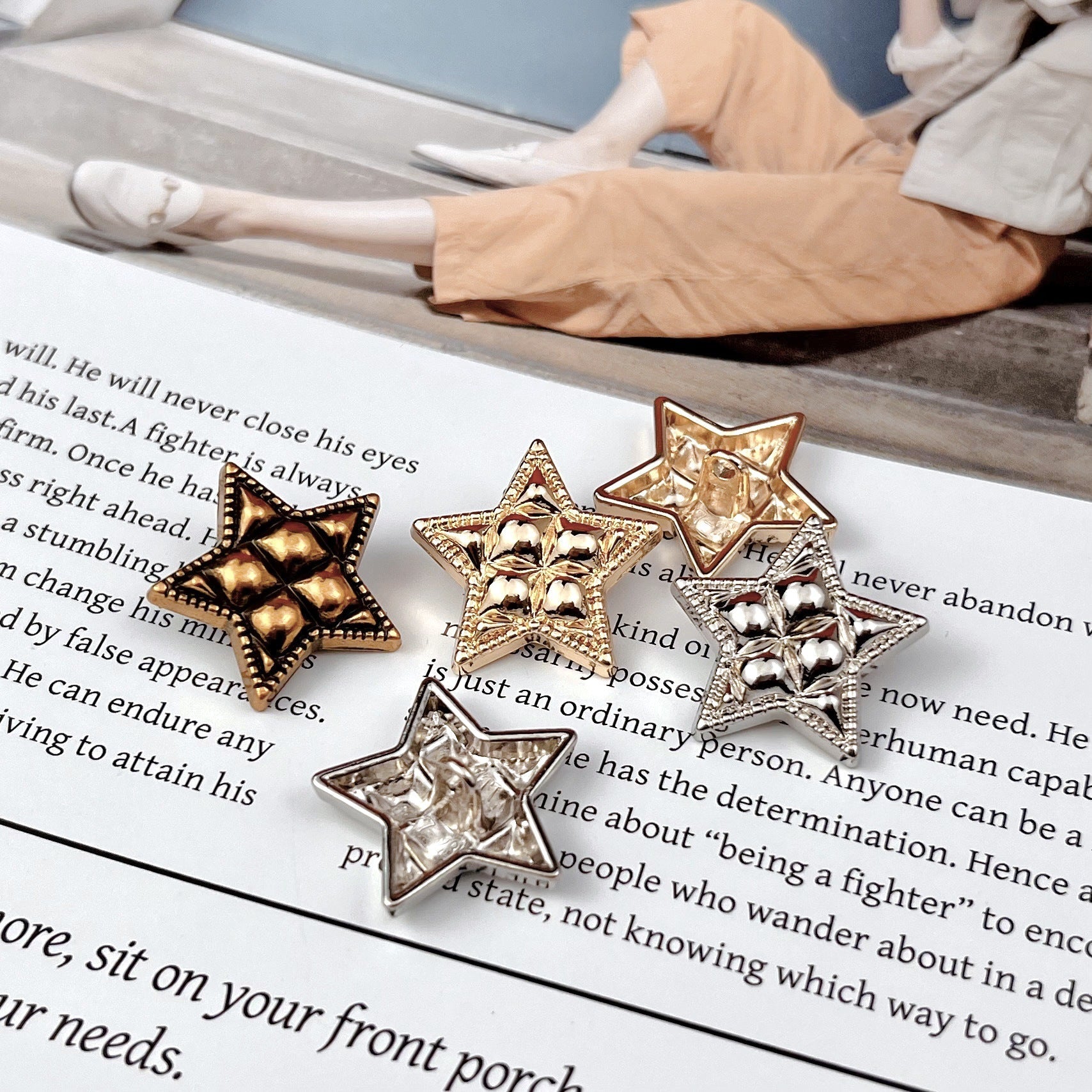 Star metal buttons in antique gold and silver tones, 18/20/23mm, 20pcs
