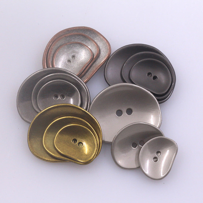 Irregular two-hole metal buttons, antique gold/nickel tones, 90 pack assortment