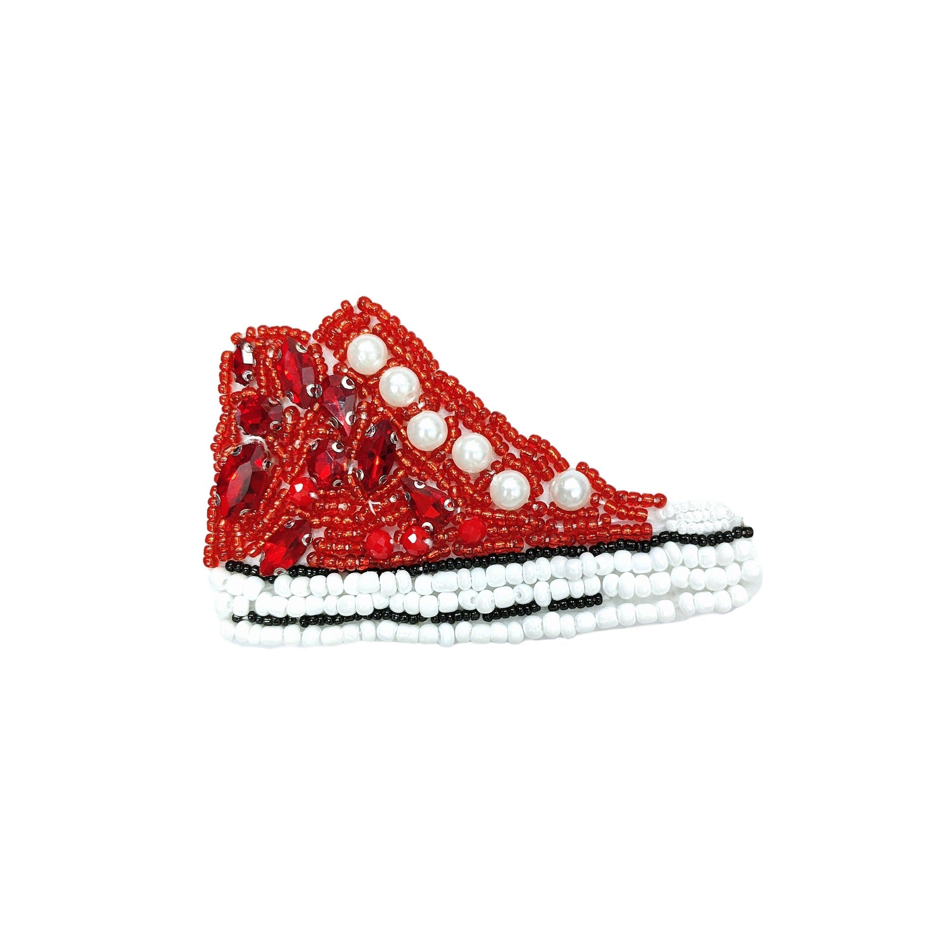 Red and white rhinestone beaded shoe patch with pearl trim