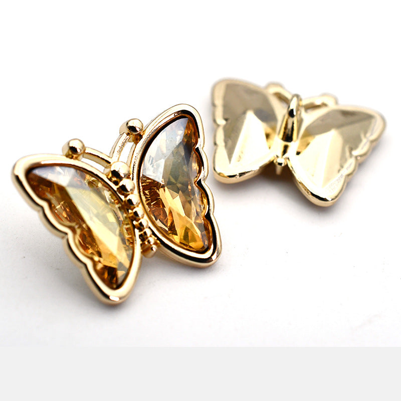 Butterfly crystal glass metal shank buttons, amber and clear gems, gold-tone metal shank
