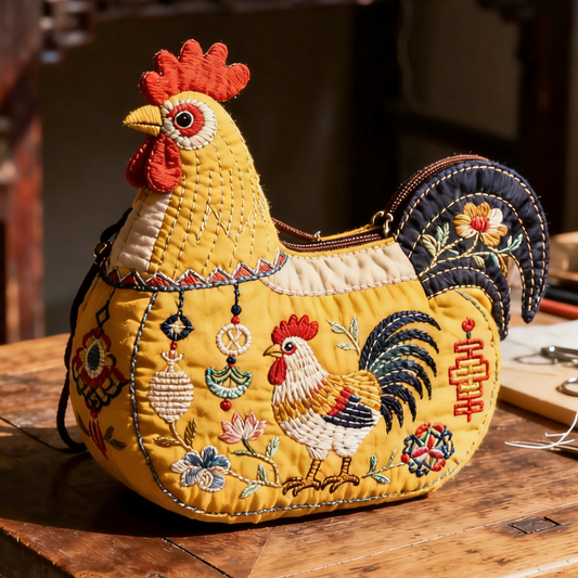 Handmade Rooster Embroidery Tote Bag – New Chinese Style Large-Capacity Fabric Shoulder Bag A
