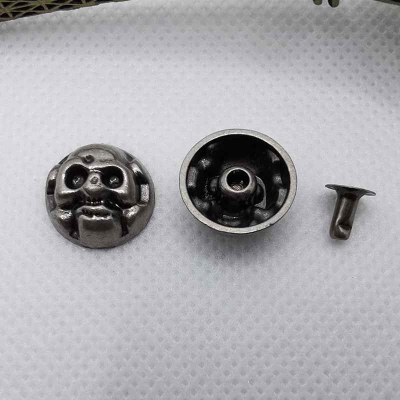 Skull rivet studs in vintage silver tone, front and back views plus metal post