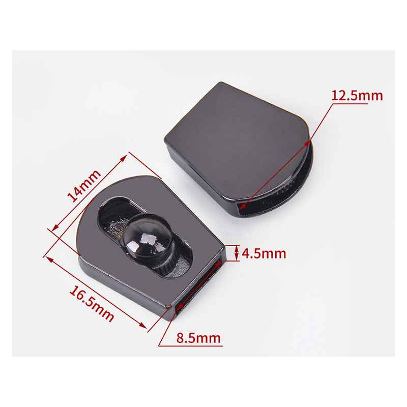 Black metal cord adjuster stopper size diagram, 12.5 mm width and 14 mm length