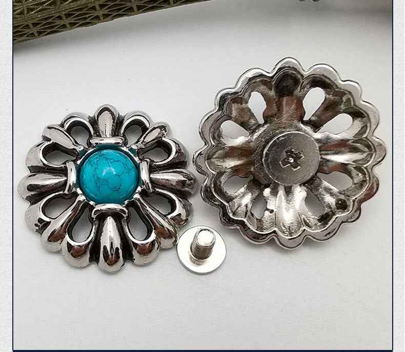 Set Blumen-Screw-Studs: türkis und rot, silberfarbene Metallfassungen mit Schraubstift