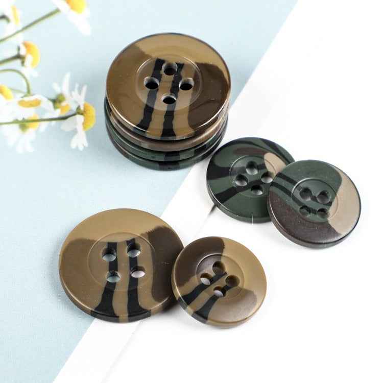 Camouflage resin buttons, mixed brown & green, 4-hole shank, 5 pcs shown