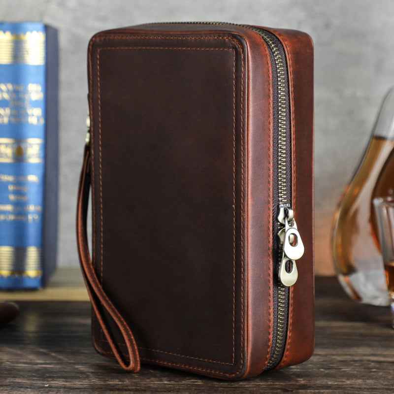 4-Stick Genuine Leather Portable Cigar Case with Hygrometer