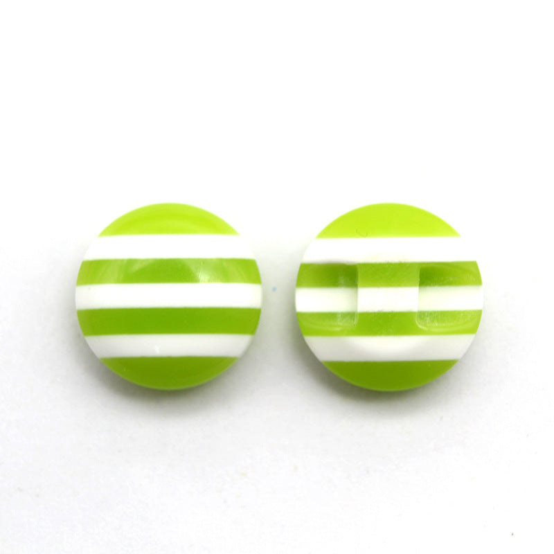 Striped resin buttons with hidden hole, green and white stripes (2 shown)