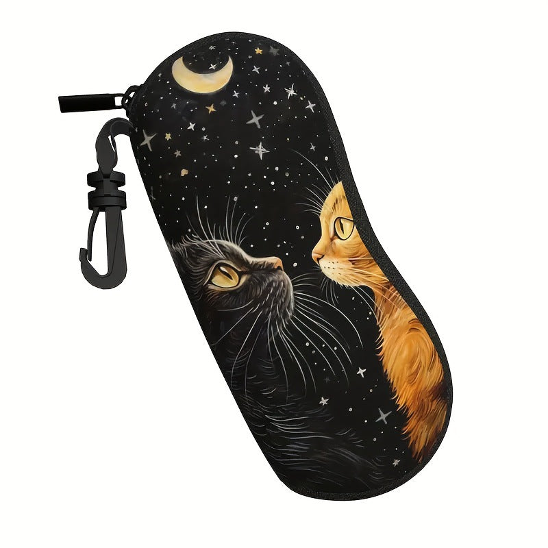 Two Cats Print Glasses Case - Soft Eyewear Pouch with Keychain 2PCS