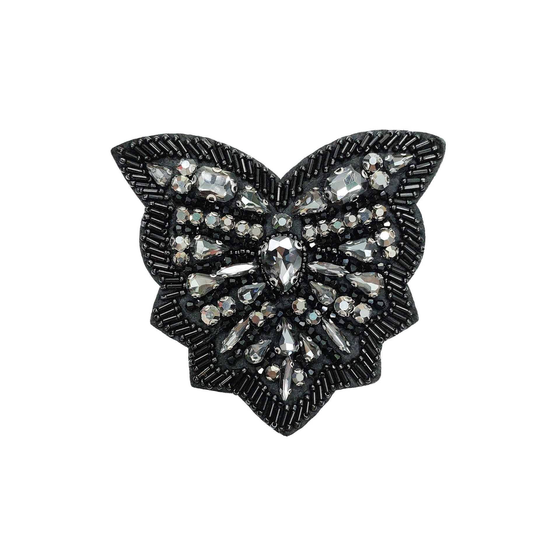 Black beaded bow patch with silver rhinestones and sparkling center