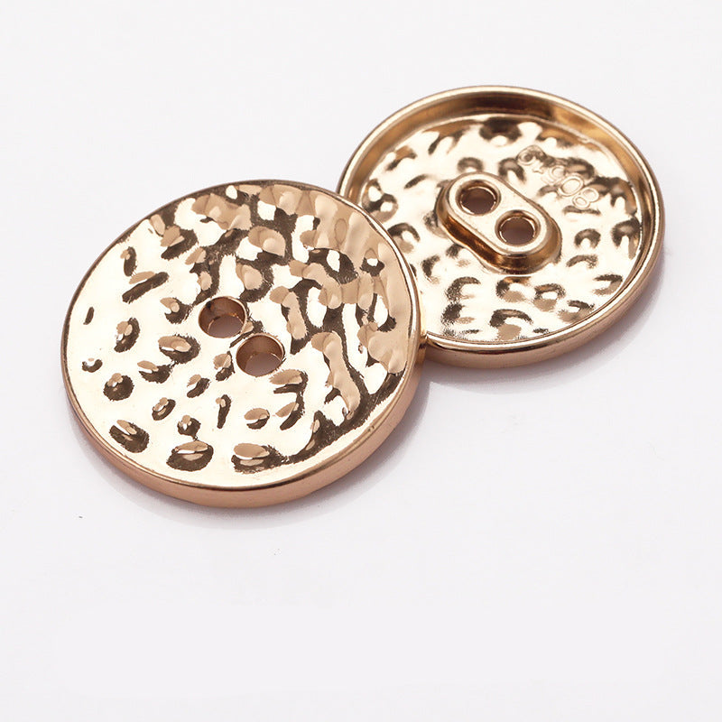 Gold textured 2-hole metal buttons, front and back view, two-hole design
