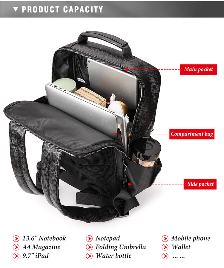 Black Genuine Leather Business Laptop Men's Backpack