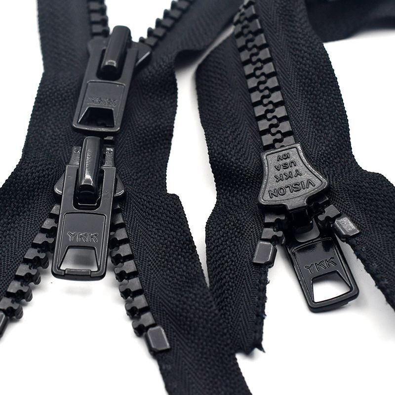 YKK Vislon jacket zippers—black tape with molded sliders and pull tabs, 2 shown
