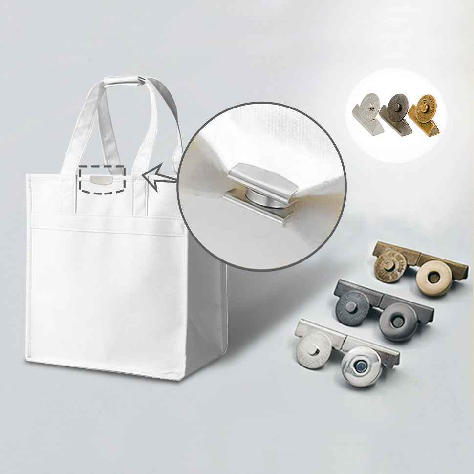 Magnetic clasp closure on bag handle with close-up of silver clip mechanism