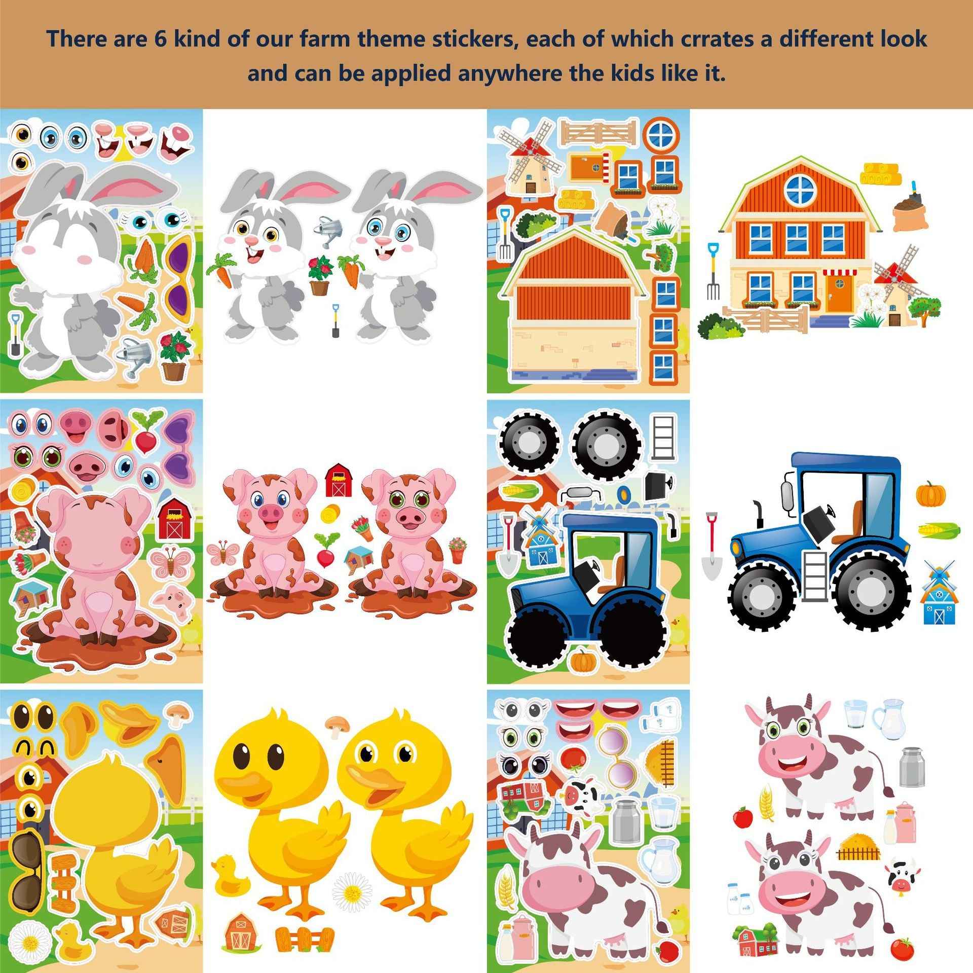 Make a Face Anime Farm Animals Stickers for Kids 24 Sheets