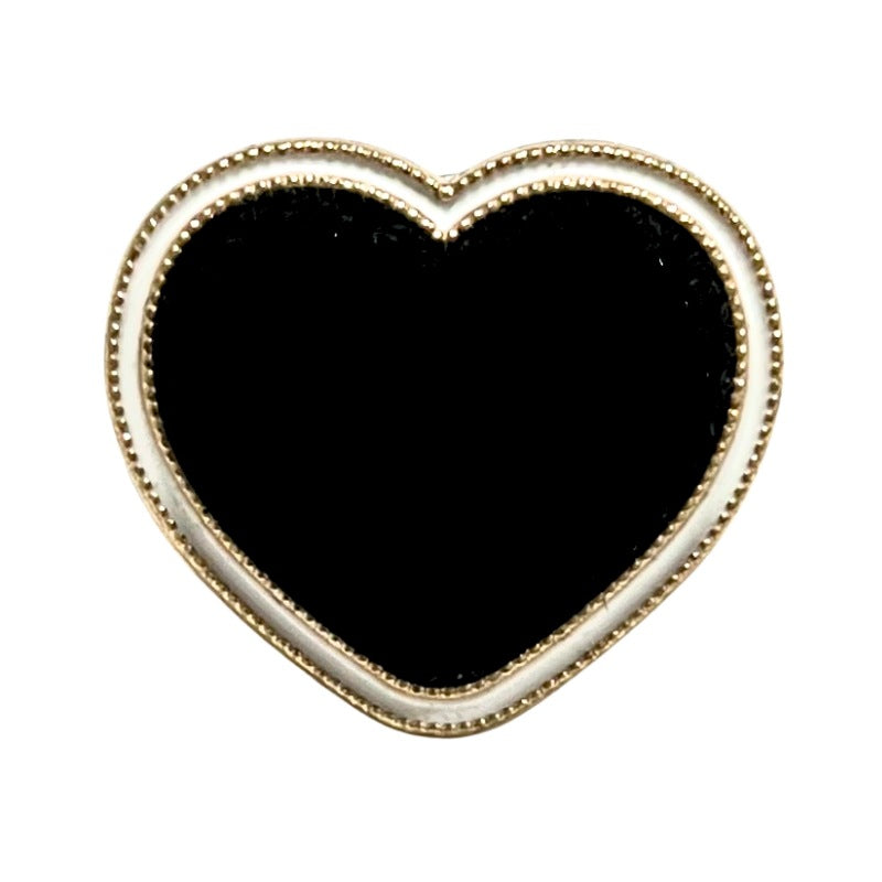 Black heart metal button, flocked face with gold-tone double border and white edge