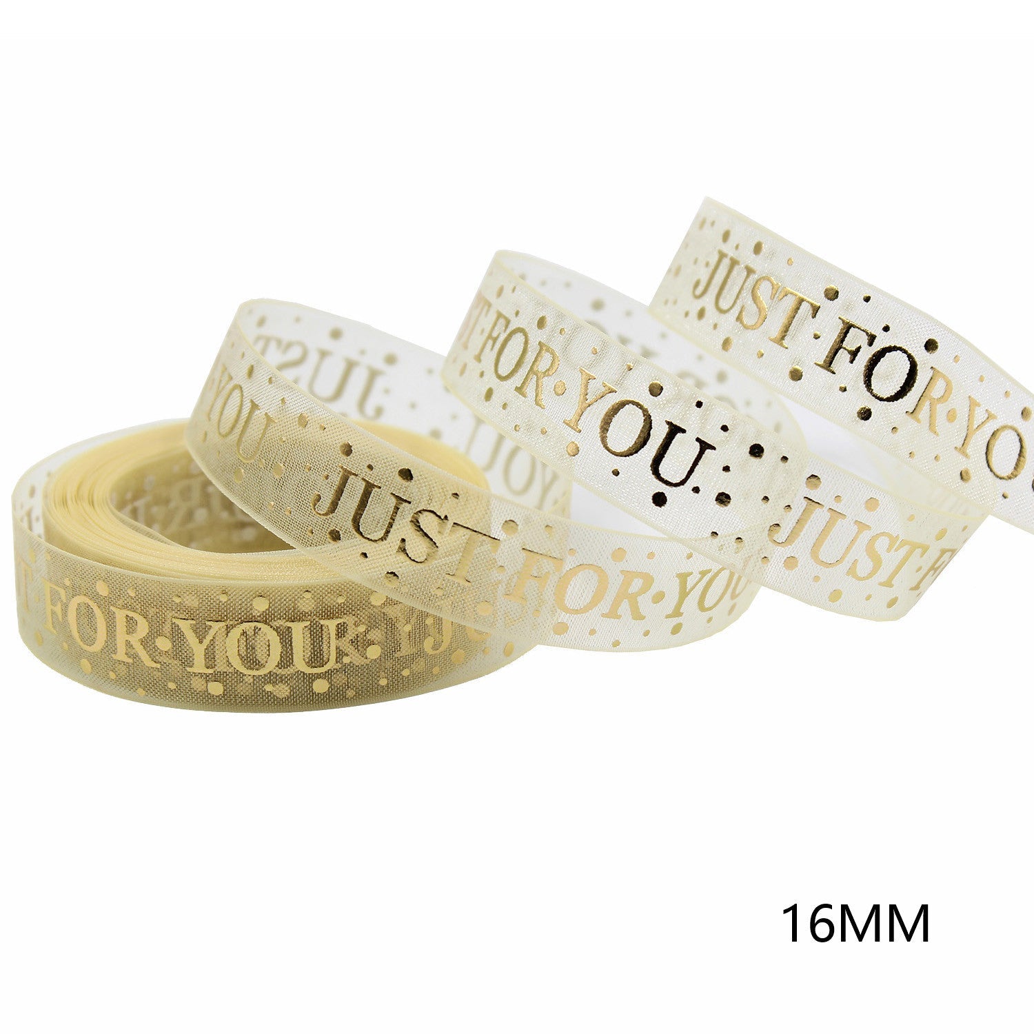 Gold-foil “FOR YOU” lettering ribbon rolls on sheer white gauze, 16mm width