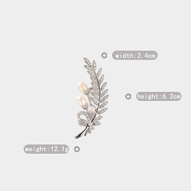 Silver wheat leaf brooch pin with sparkling zircons and natural pearl accents