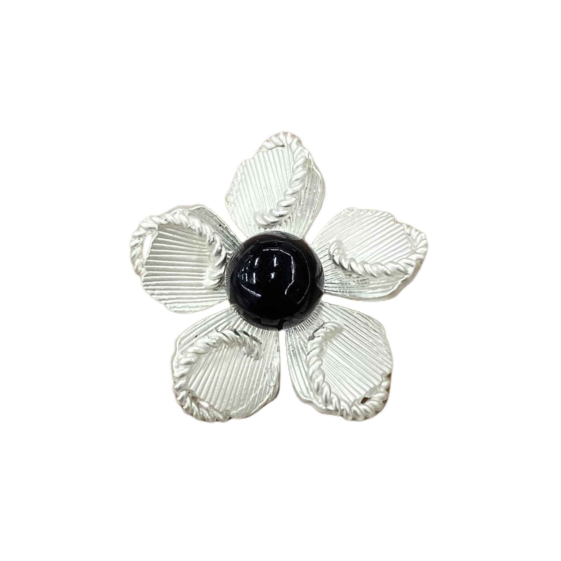30mm 3D flower shank button, silver petals with black pearl center