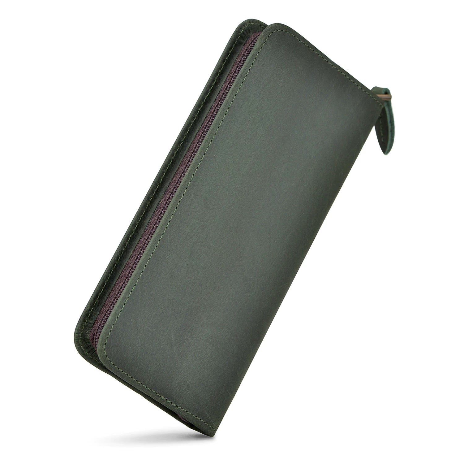 Asvine 3-Pen Crazy Horse Leather Zipper Fountain Pen Case Dark Green
