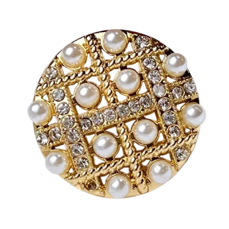 Round mesh rhinestone button with faux pearls, gold-tone metal, ornate scalloped border