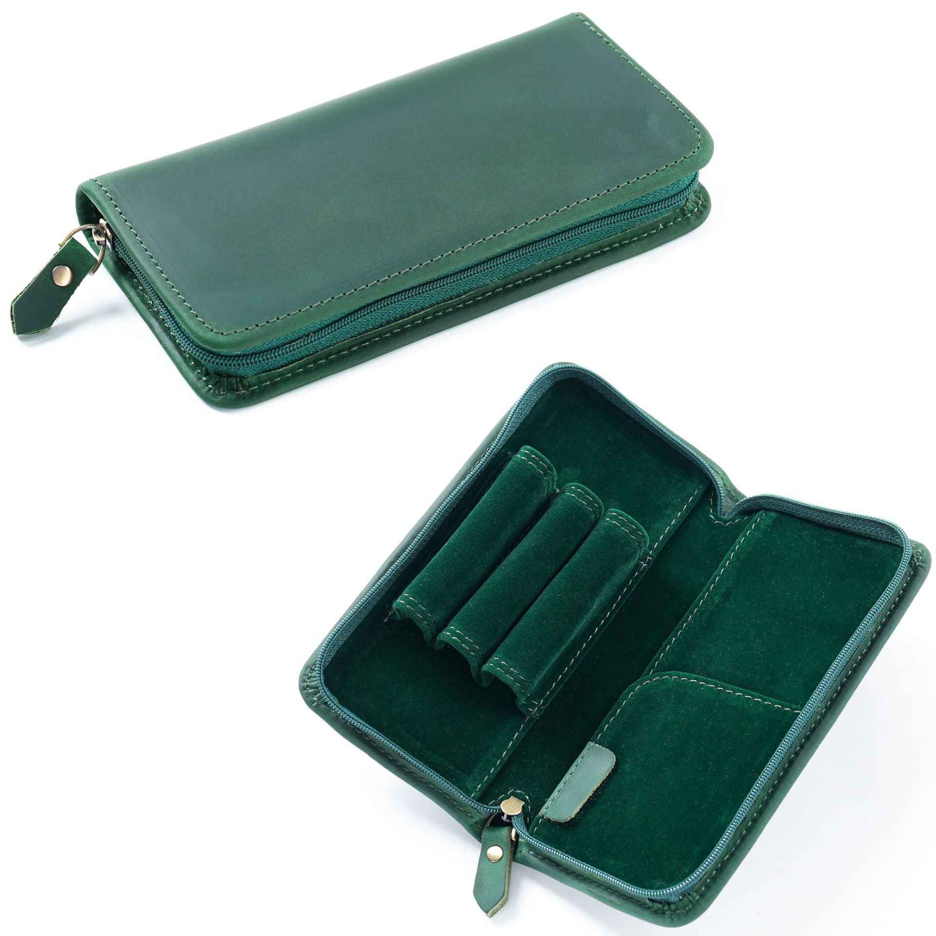 Crazy Horse Leather Fountain Pen Pouch Full-Grain Cowhide Zipper Case Green