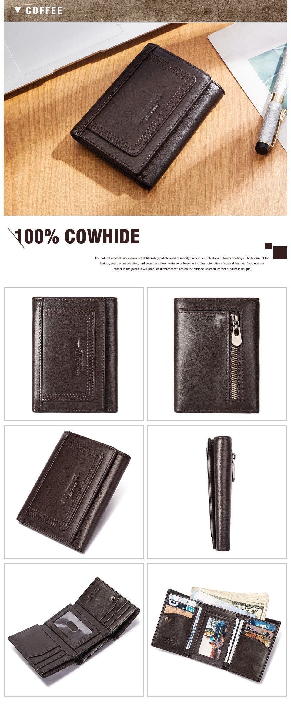 RFID Men's Coin Purse,Top Grain Cowhide Leather Zip Wallet