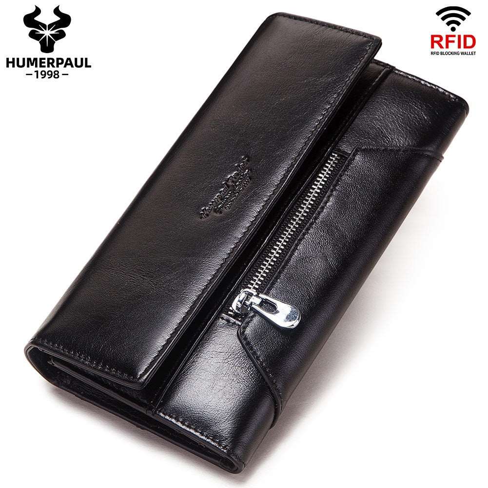 Genuine Leather Long Wallet for Women RFID Clutch Black