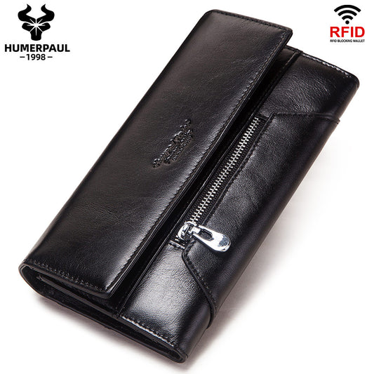 Genuine Leather Long Wallet for Women RFID Clutch Black