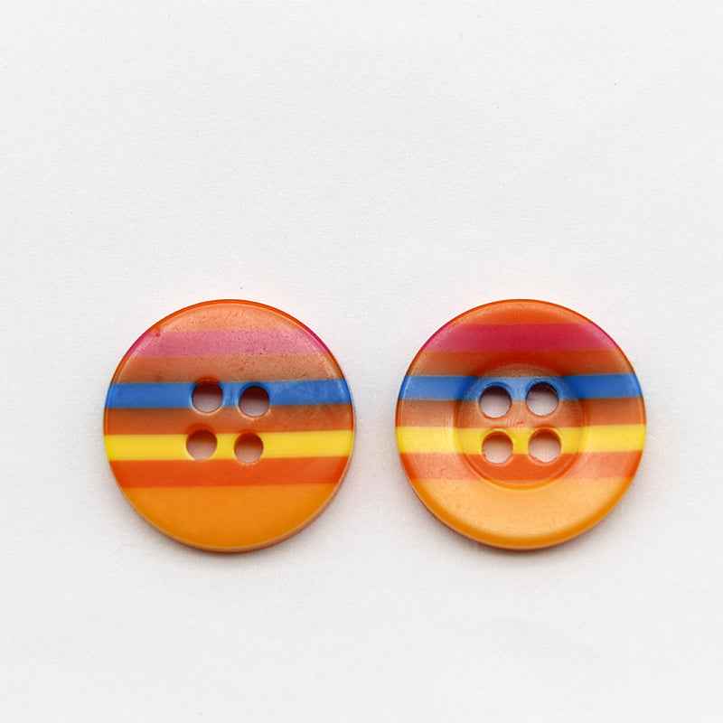 Colorful 4-hole resin buttons, orange with blue and yellow stripes, wide edge