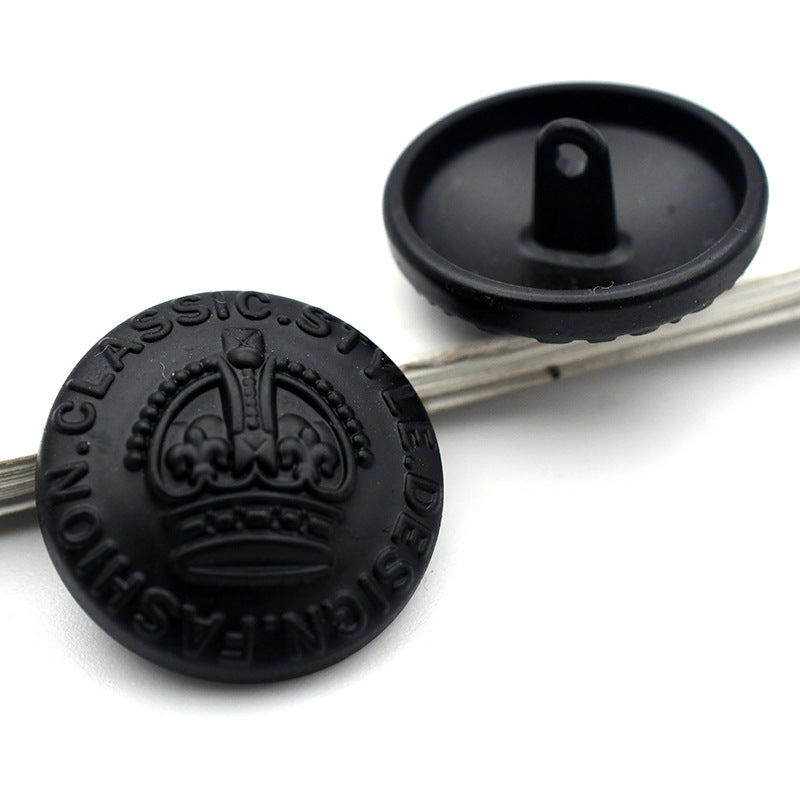 22mm black round crown metal shank button, embossed regal crown detail