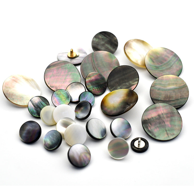 Natural shell round buttons with metal shank, assorted iridescent tones