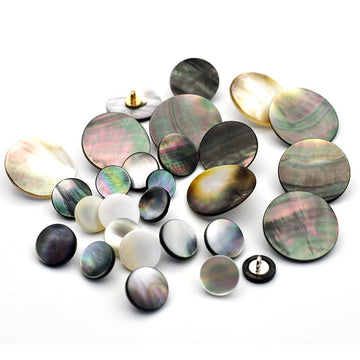 Natural shell round buttons with metal shank, assorted iridescent tones